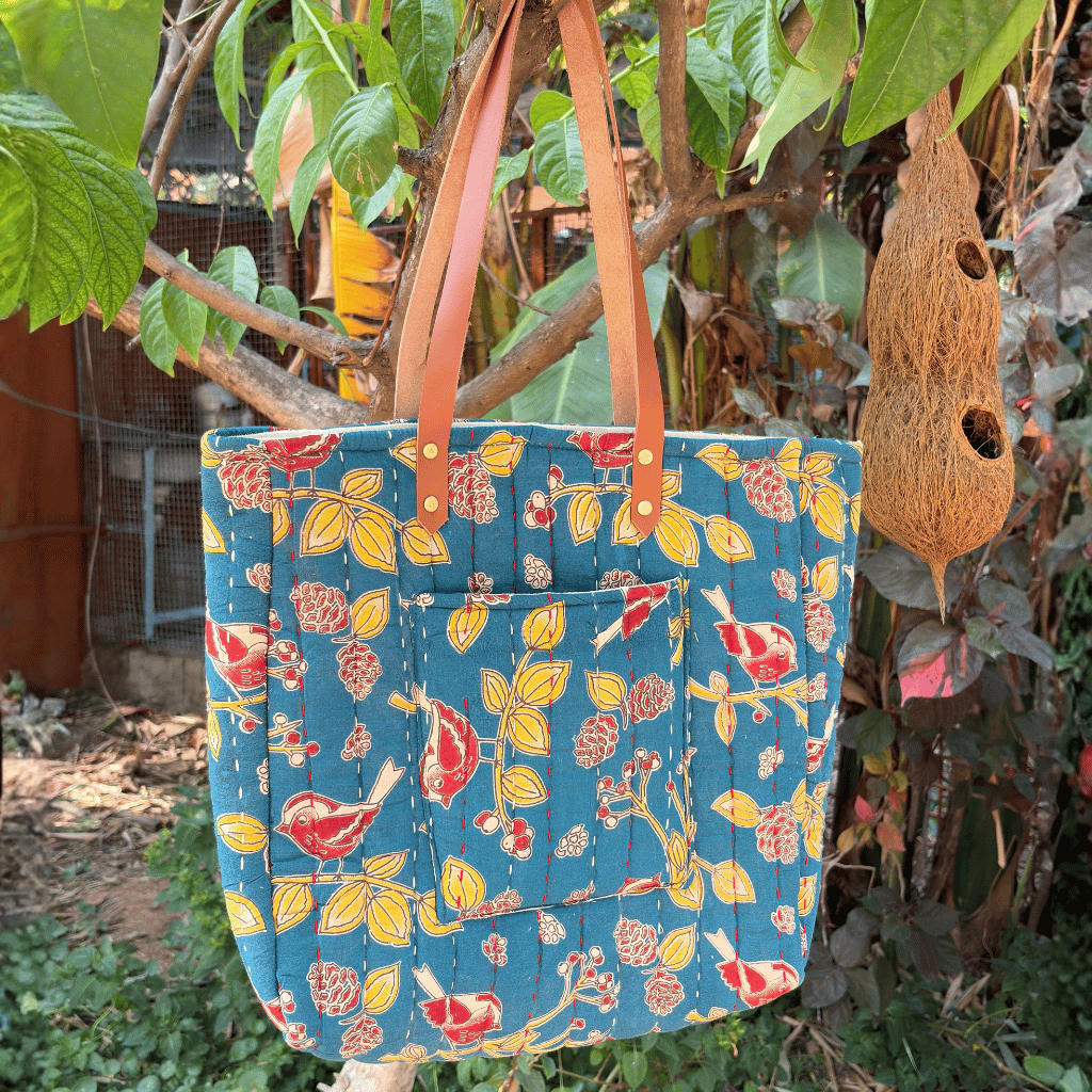 Teal Blue Tapti Hand Quilted Large Tote Bag - pocket