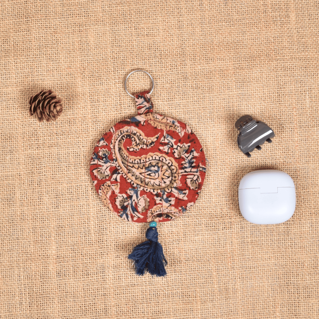 Red kalamkari Round Pouch – Lip Balm / Earbuds Holder