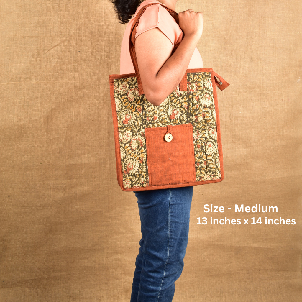 Green Kalamkari Quilted Tote Bag