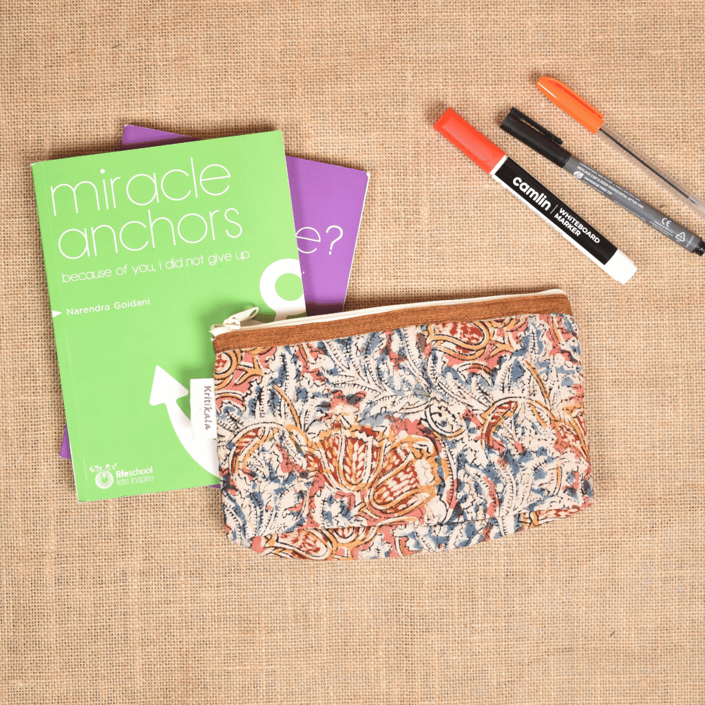 Cream kalamkari cotton quilted pouch