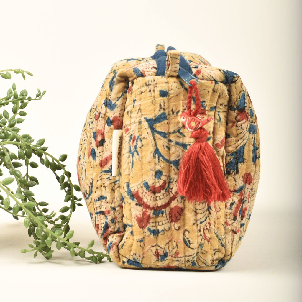 Yellow kalamkari travel pouch - tassel