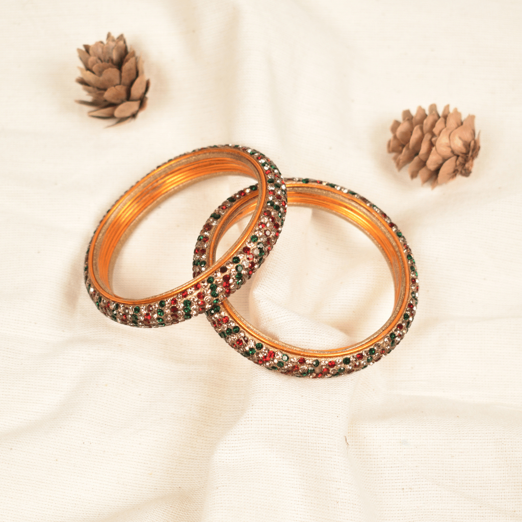 Pair of red & green 5 line stoned lac bangles - glittery