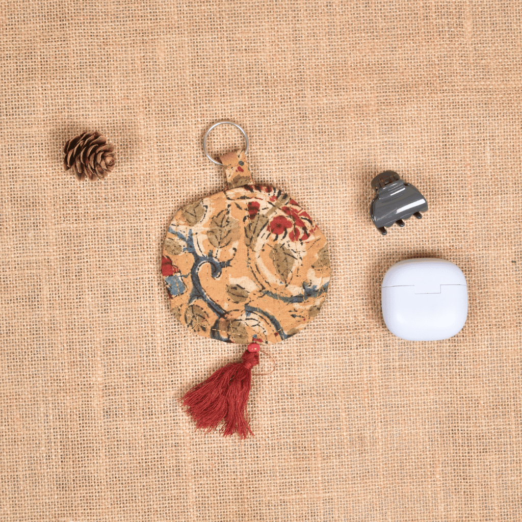 Yellow kalamkari Round Pouch – Lip Balm / Earbuds Holder