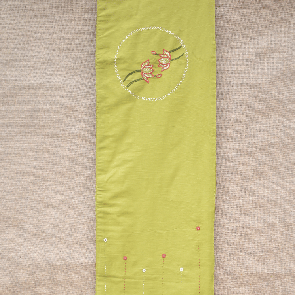 Green Silk lotus embroidery festive table runner - Kritikala