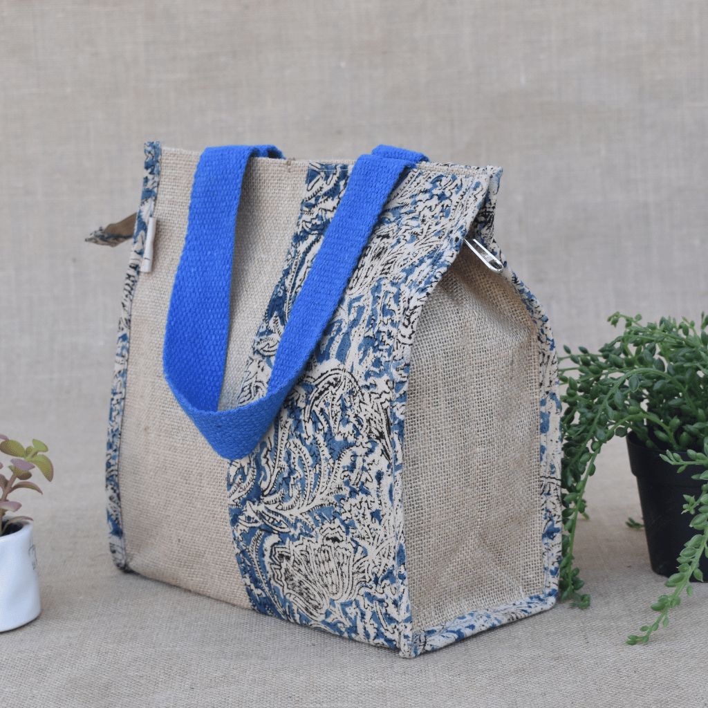 Blue Kalamkari and Jute Lunch Bag