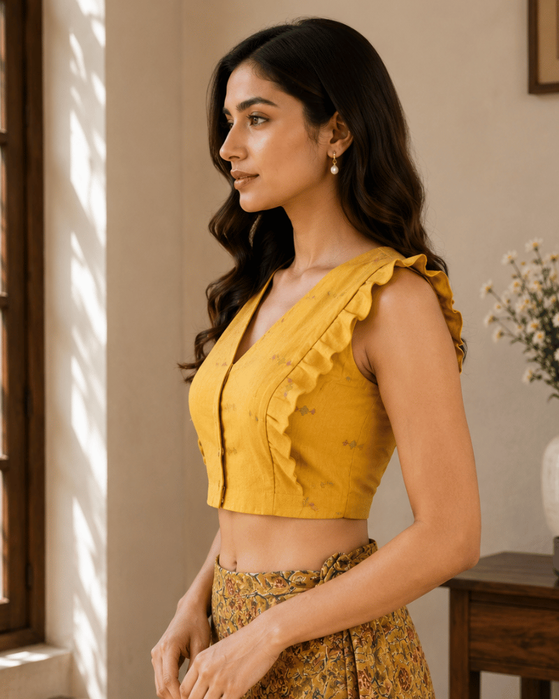Yellow Cotton Sleeveless Embroidery Blouse with V-Neck