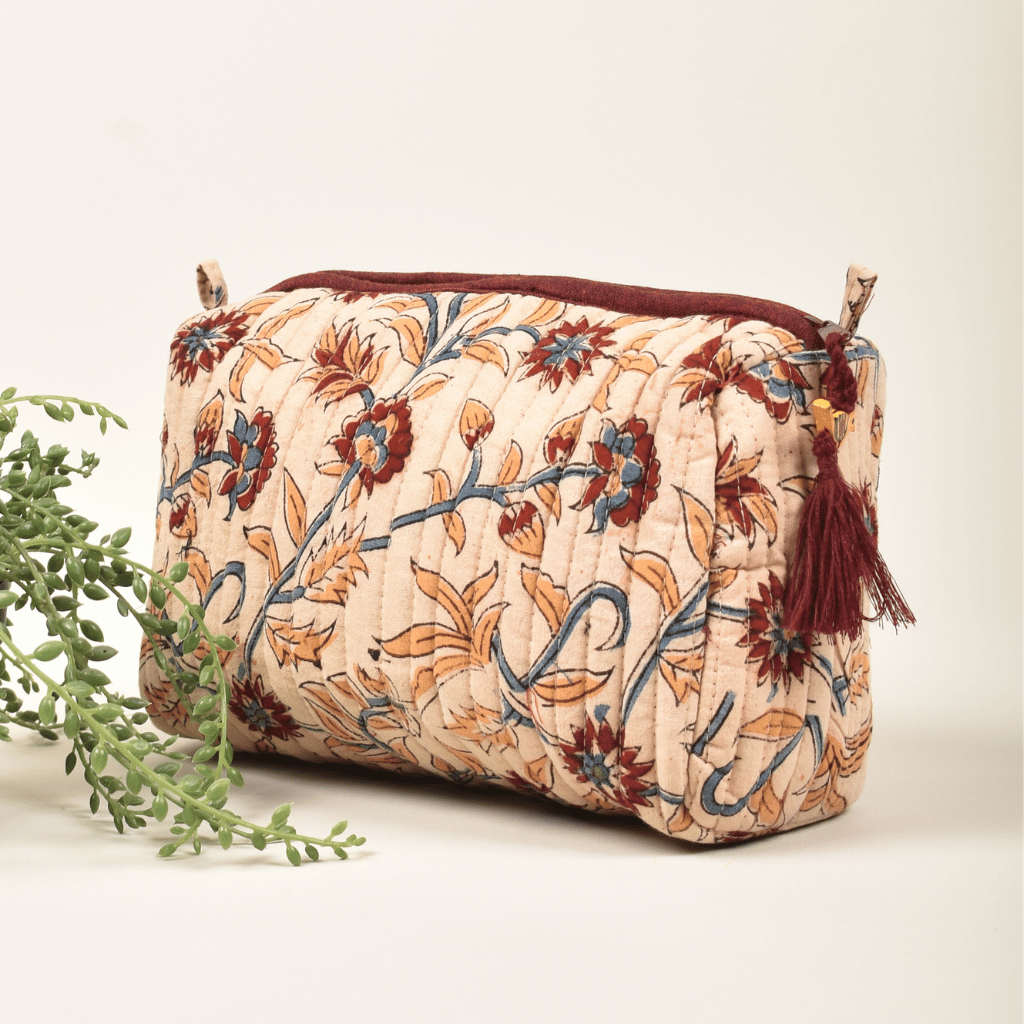 Cream kalamkari travel pouch - side