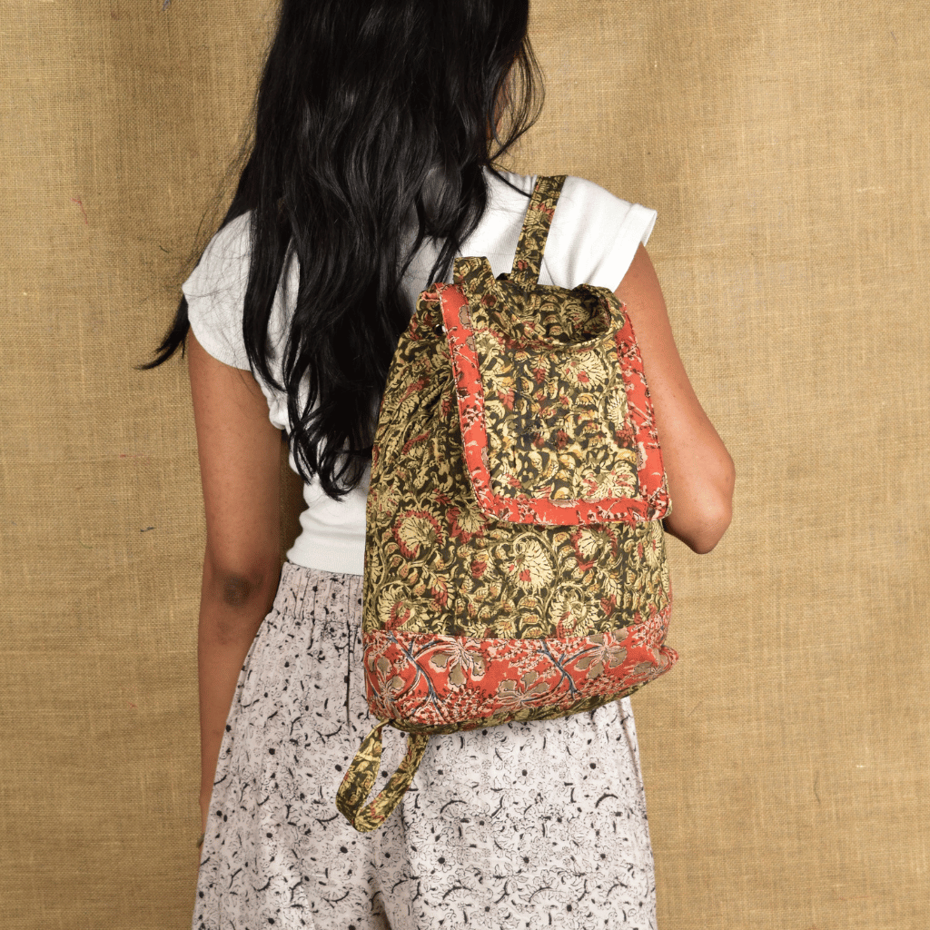 Quilted Green Kalamkari Backpack Bag - model