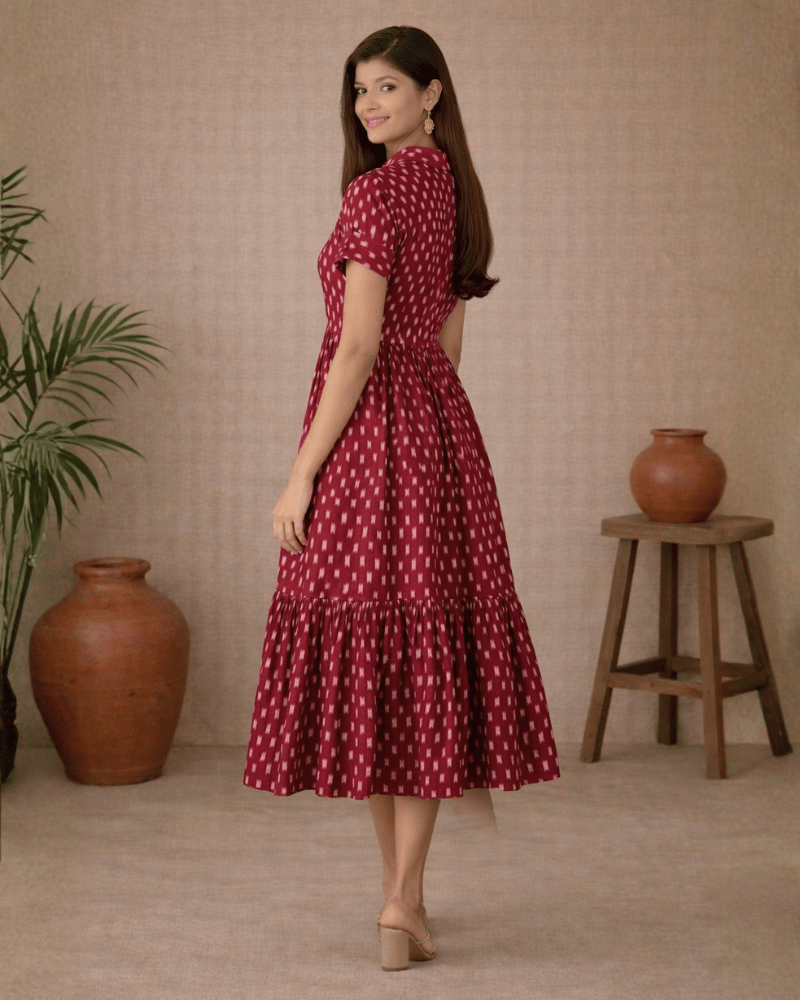 Maroon Ikat Cotton Calf-Length Dress with Shirt Collar - side