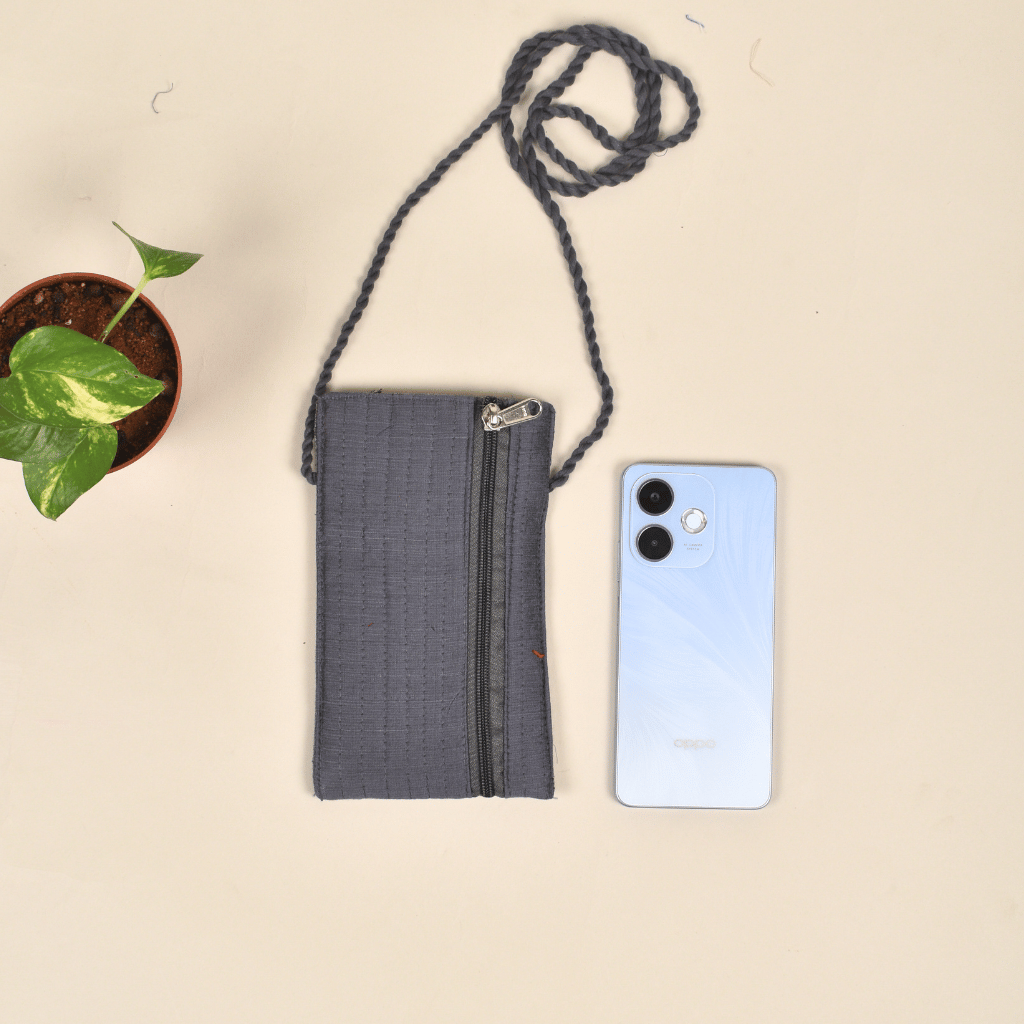 Handcrafted Embroidery Grey cell phone pouch - back