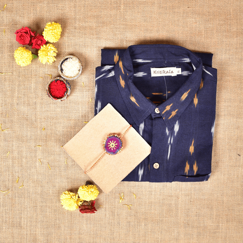 Raksha Bandhan Gift Combo – Handcrafted Purple Rakhi with Men's Handloom Cotton Shirt