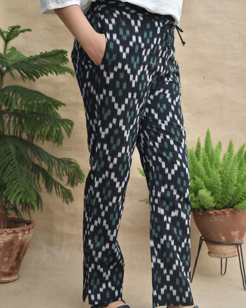 Black Ikat cotton pants with two pockets