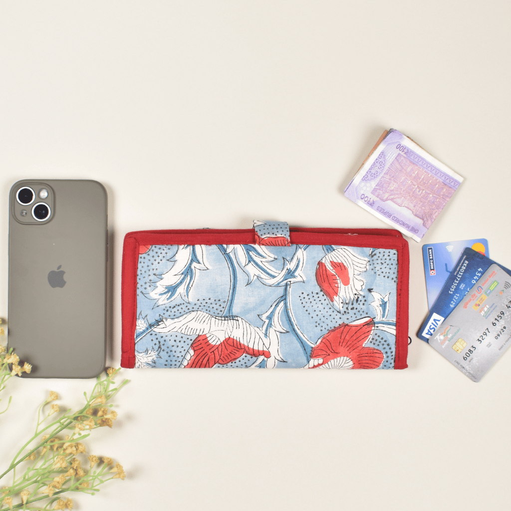 Sky Blue kalamkari and jute ladies wallet