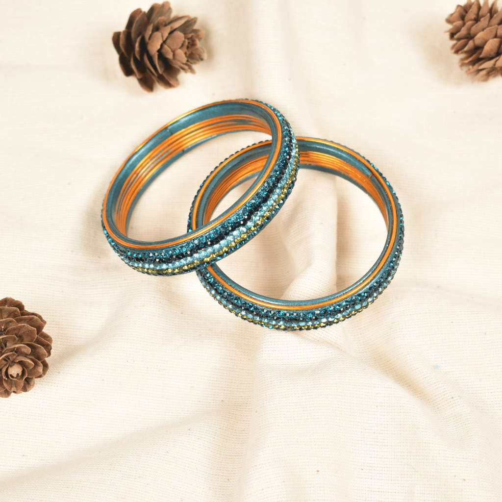 Blue 5 line stoned lac bangles - glittery stones - glittery stones