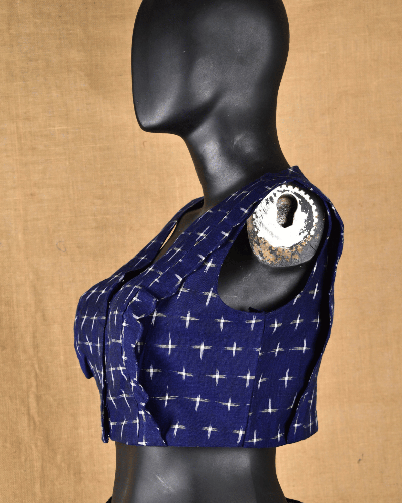 Navy Blue Ikat Cotton Sleeveless Blouse with V-Neck - side