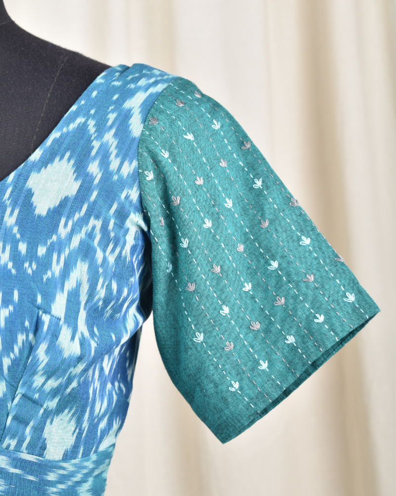 Green and teal blue ikat embroidered blouse - sleeve