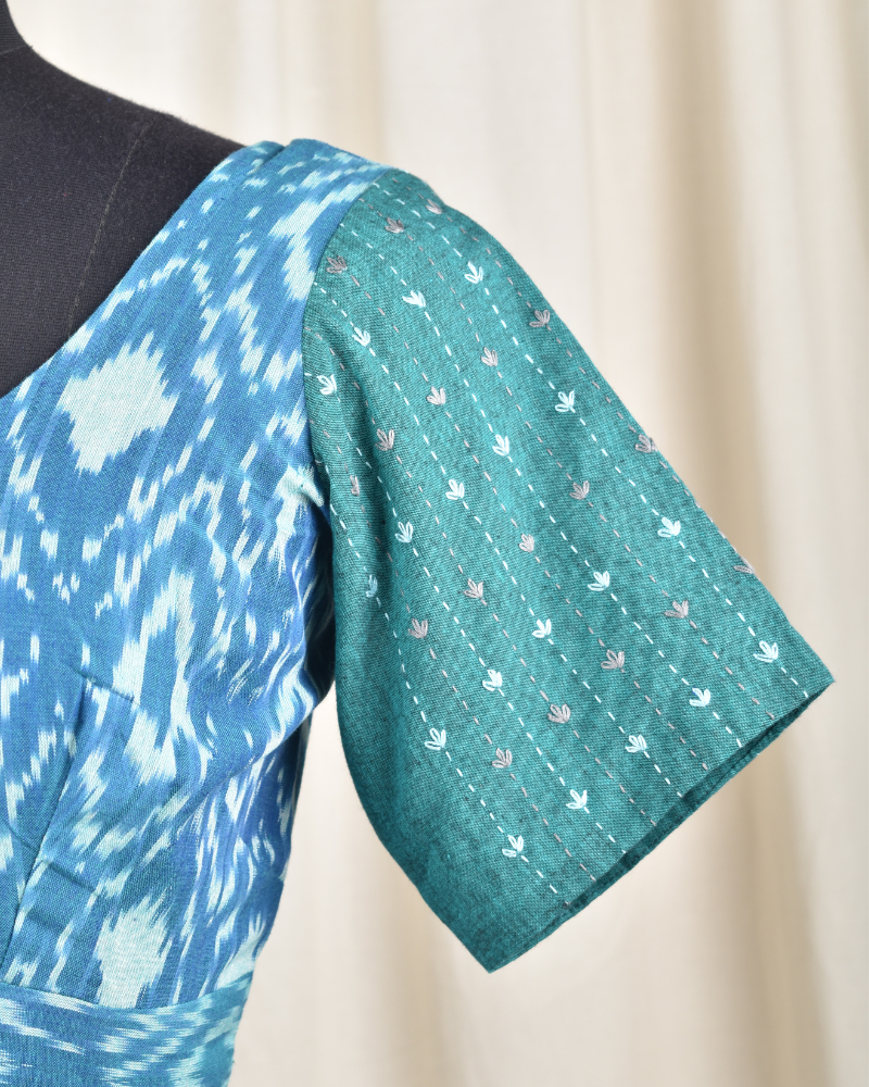 Green and teal blue ikat embroidered blouse