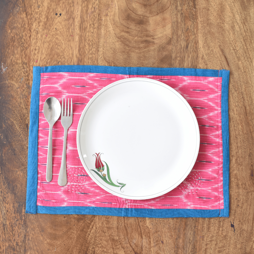 Blue and pink ikat reversible table mat set of six