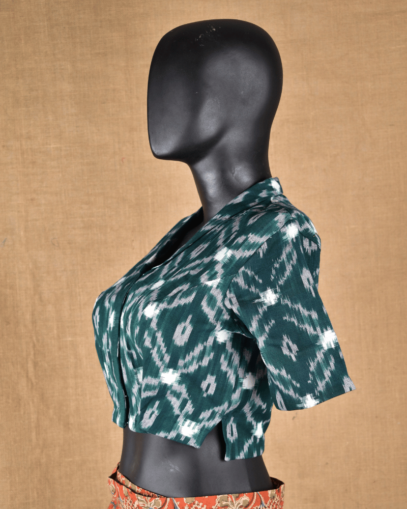 Green Ikat Cotton Blouse with Shirt Collar - side