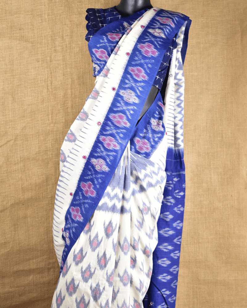 White Ikat Saree With Hand Embroidery - pallu