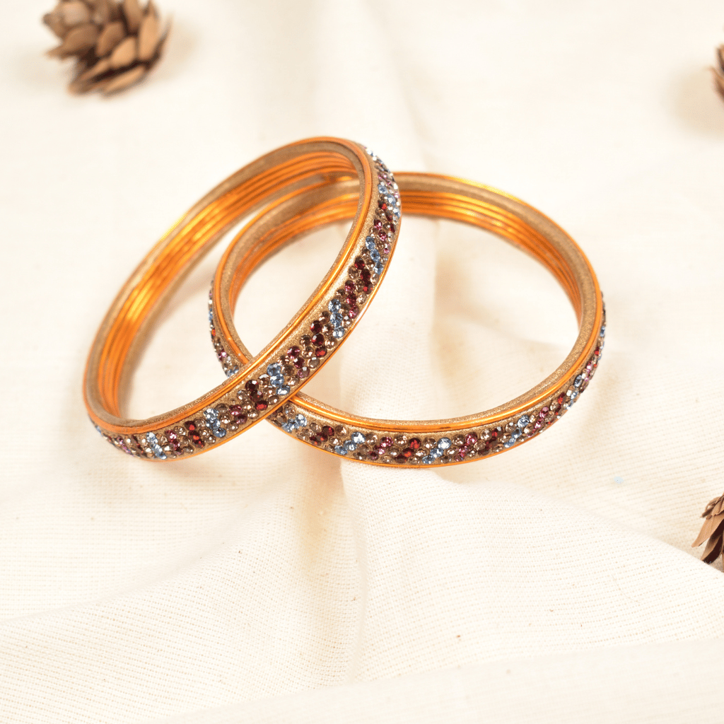 Pair of multicolour 3 line stoned lac bangles - glittery