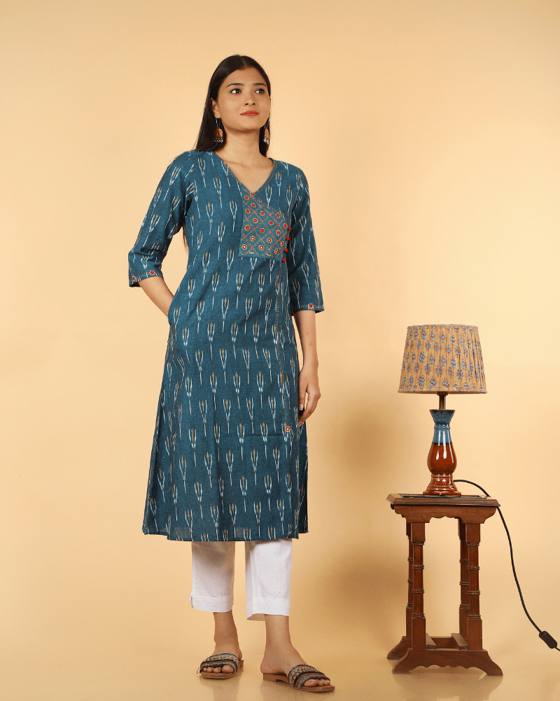 A symmetric Teal Blue Ikat Embroidery Kurta - pocket