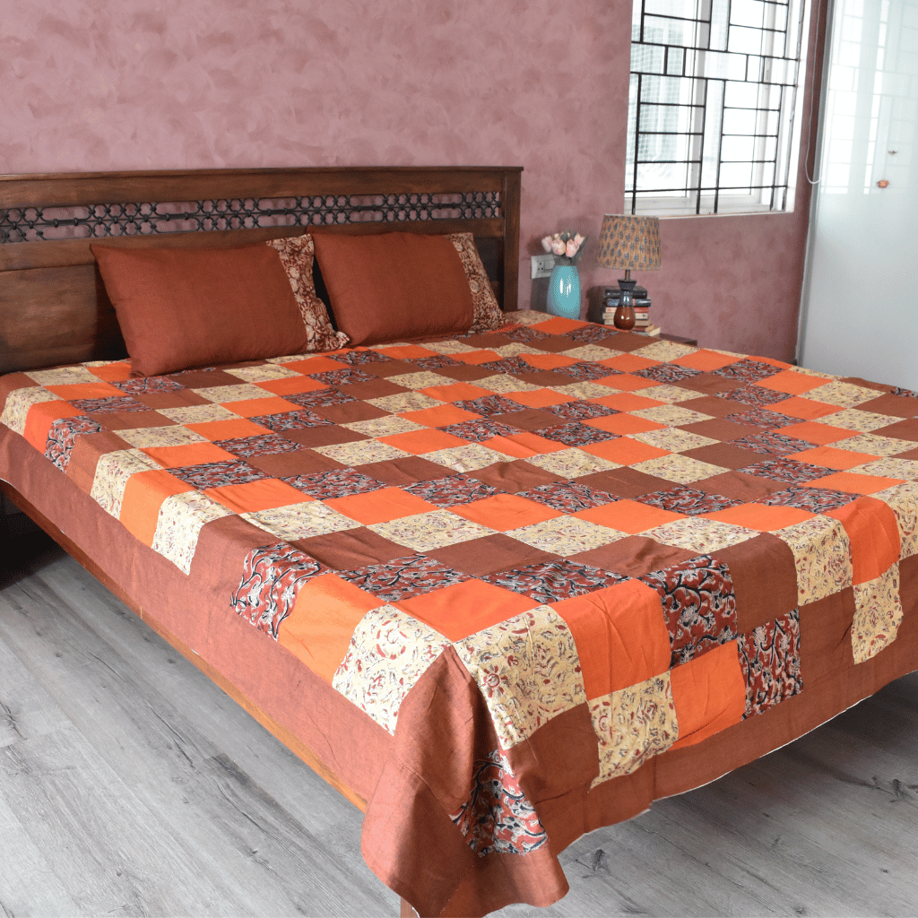 Kalamkari Patchwork Double Bedcover in Rust
