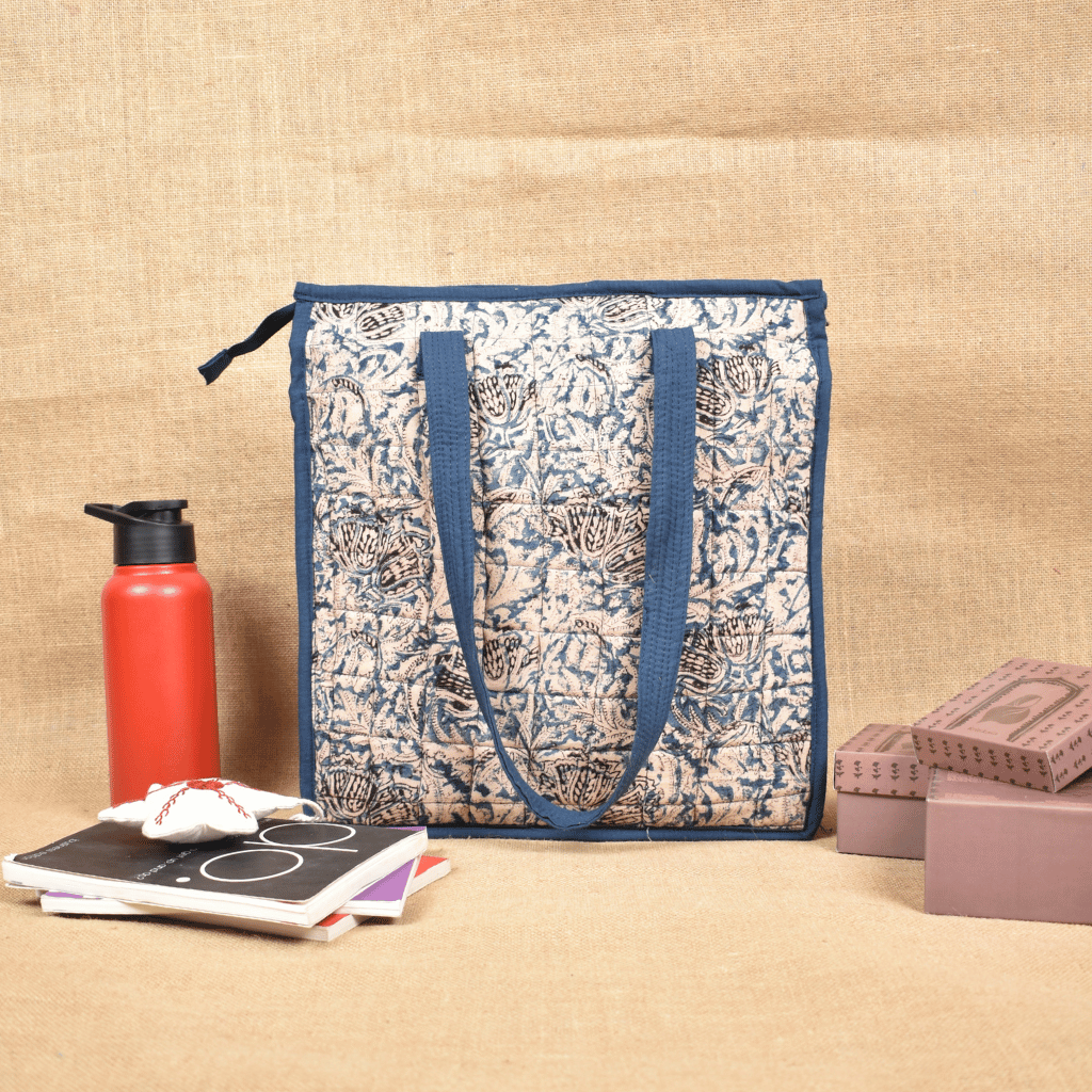 Blue Kalamkari Quilted Tote Bag - back