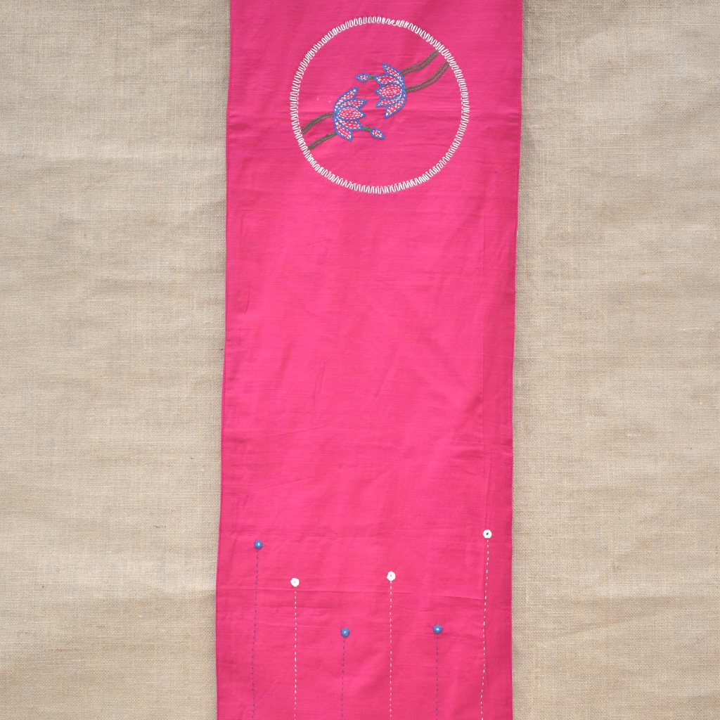 Pink Silk lotus embroidery festive table runner - Kritikala