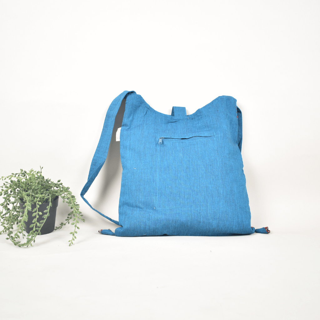 Blue and Red Kalamkari sling bag with hand embroidery- back