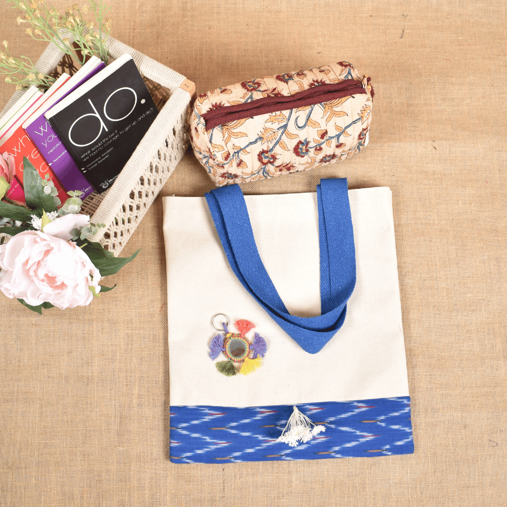 Women’s Day Special Combo – Canvas Tote Bag, Kalamkari Travel Pouch & Lambadi Keychain