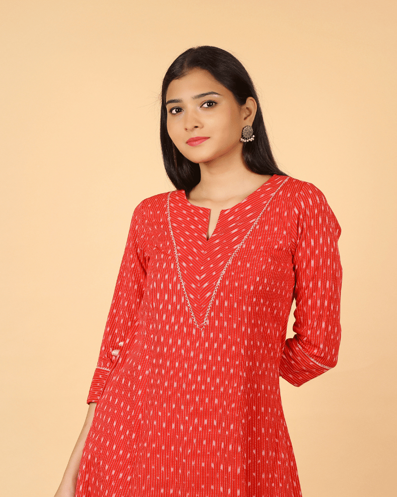 A line Red Ikat Cotton Kurta with Pleated V Yoke - neck