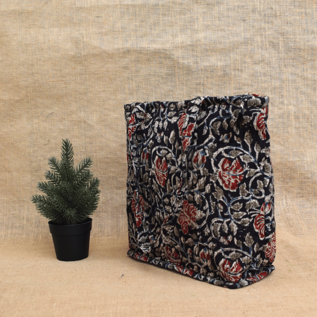 Black kalamkari Quilted tote bag - side