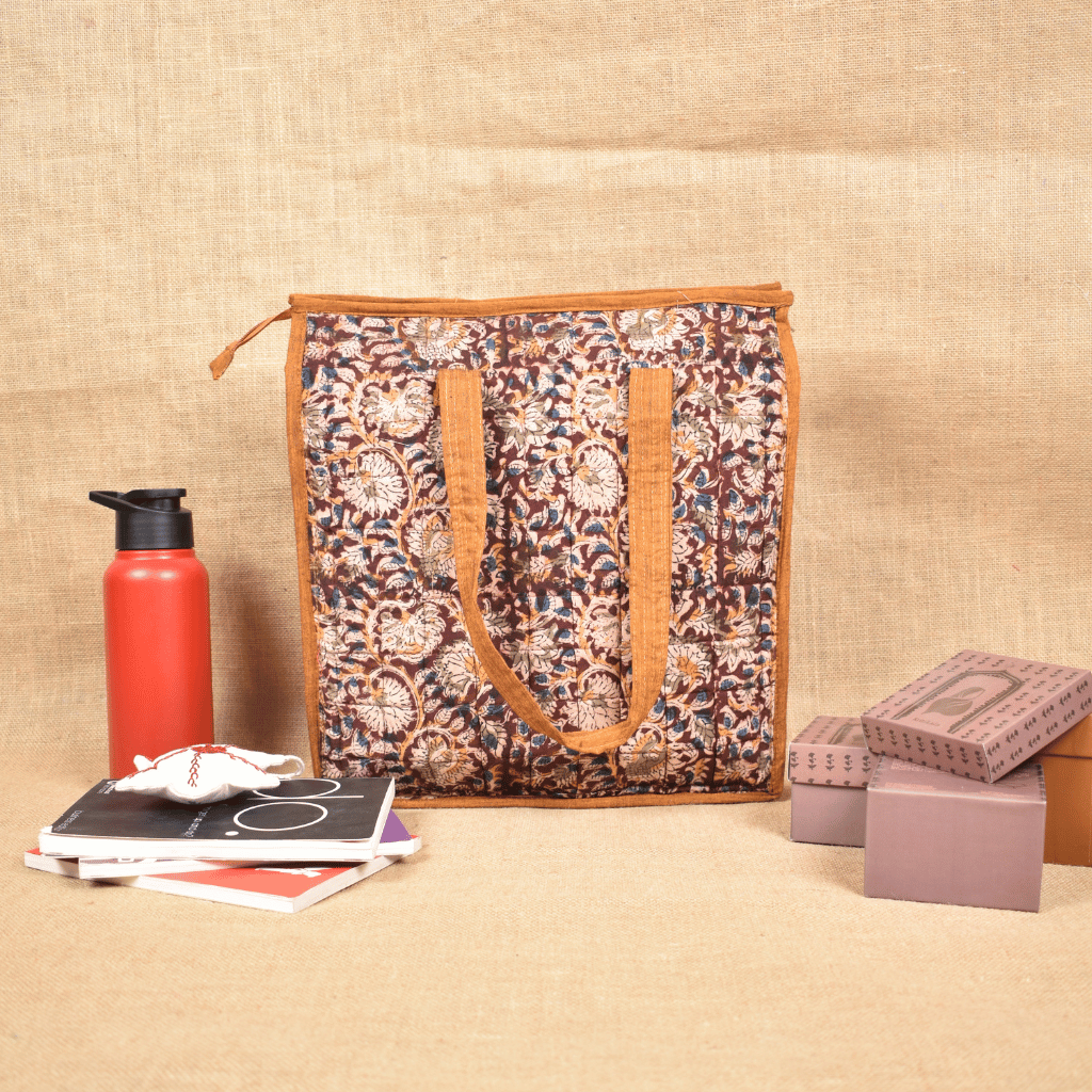Maroon Kalamkari Quilted Tote Bag - back