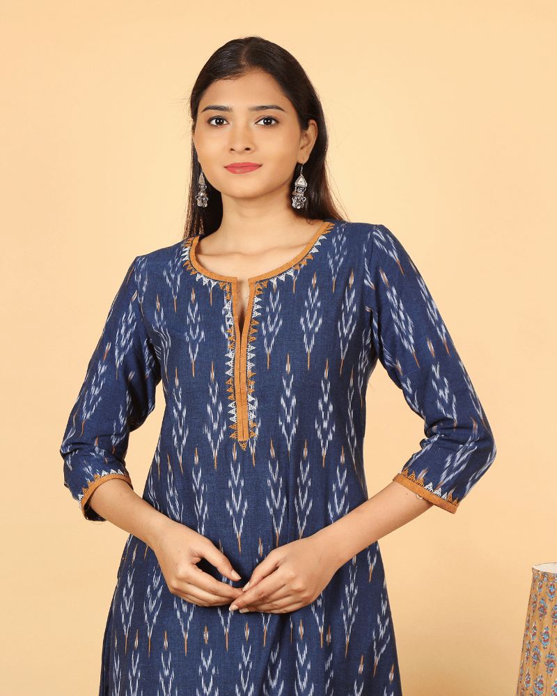 Navy Blue Triangle Embroidery Ikat Kurta - neck