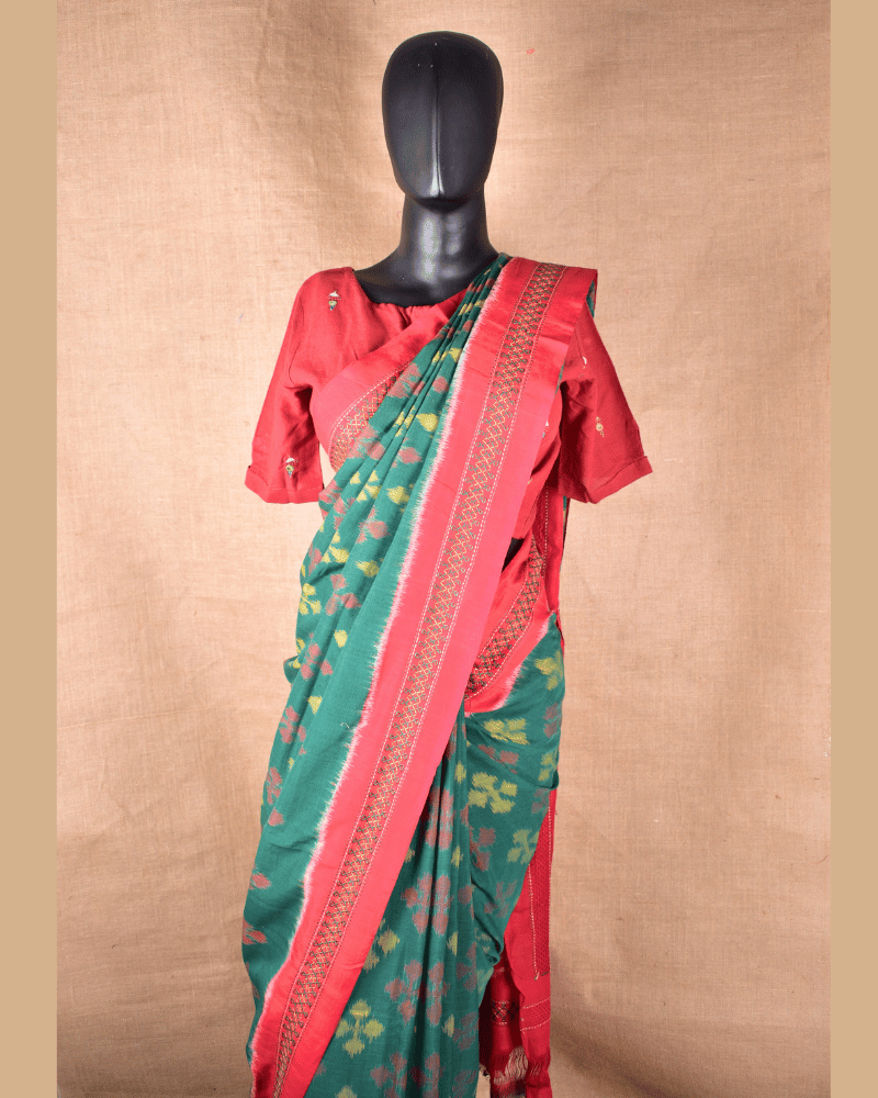 Green ikat saree with hand embroidery