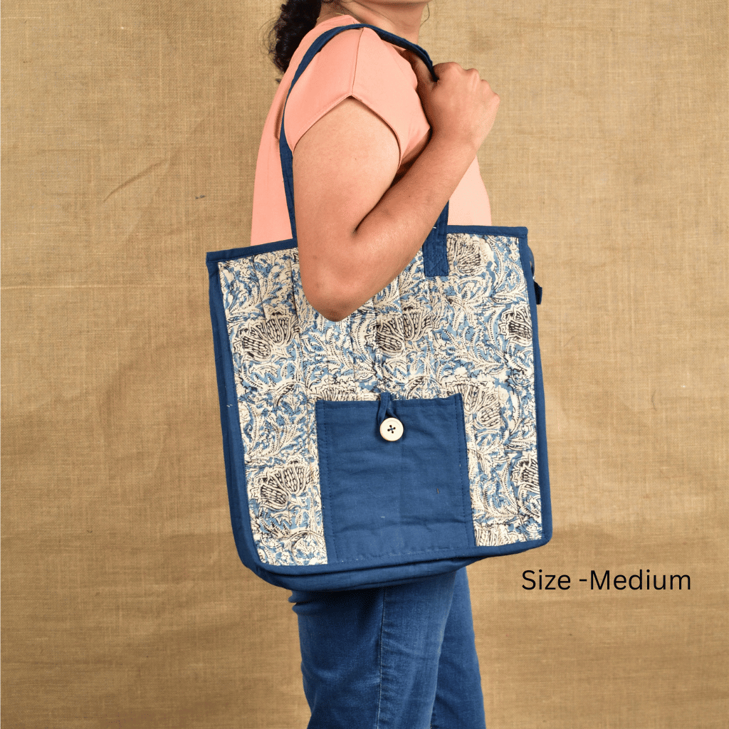 Blue Kalamkari Quilted Tote Bag - medium