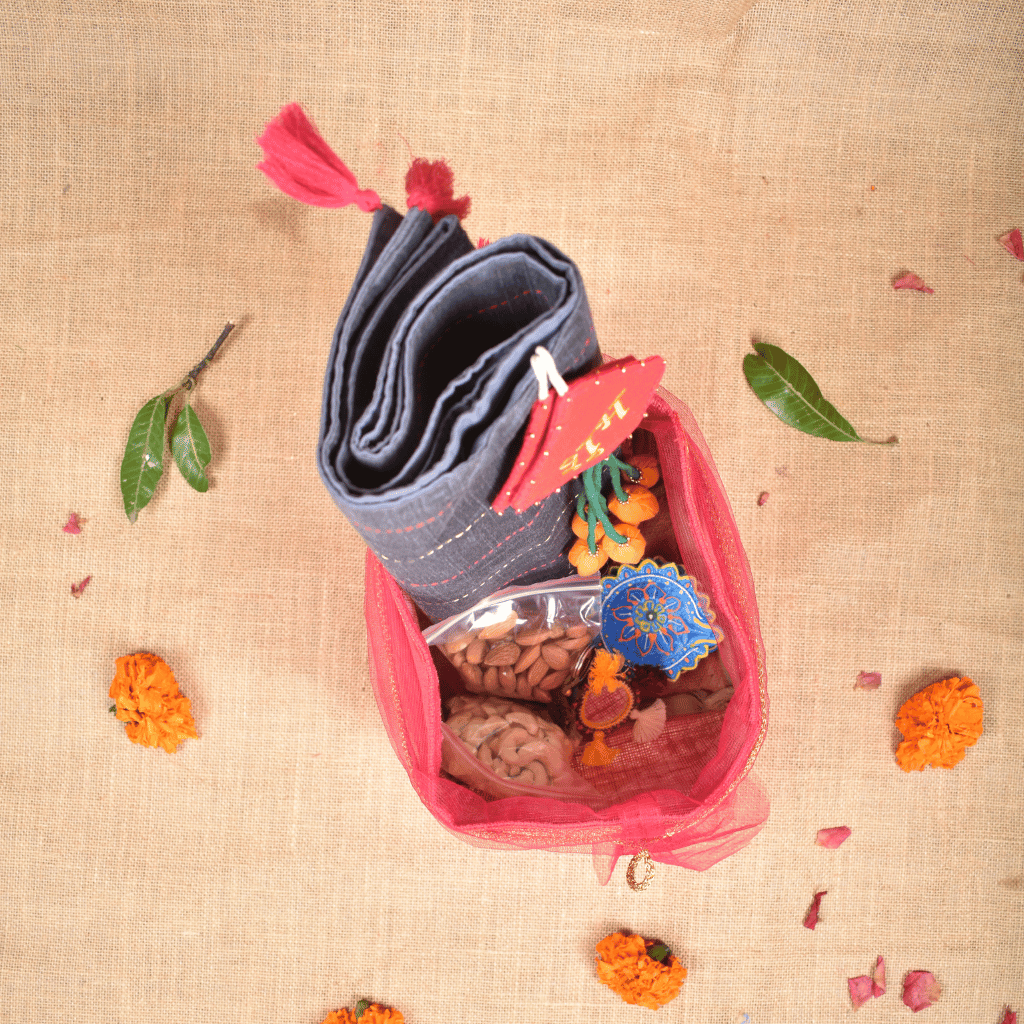 Handmade Diwali Gift Hamper with Silk Table Runner & Dry Fruits