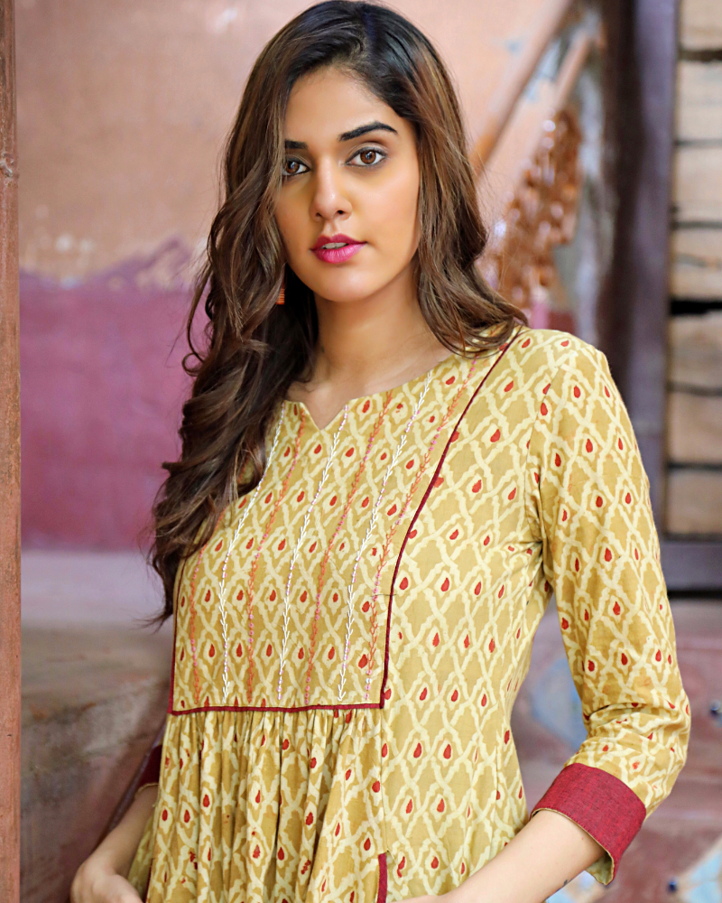 Mustard yellow kalamkari embroidery dress