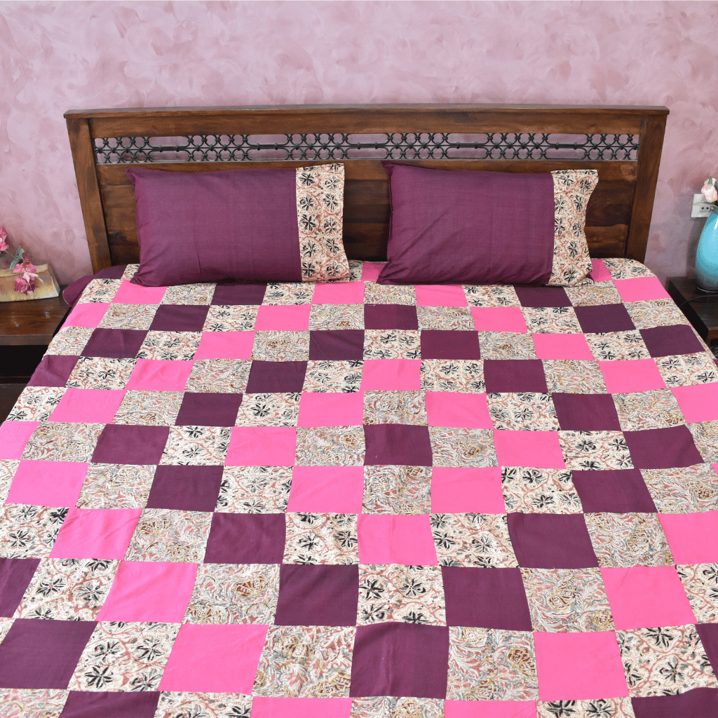 Purple kalamkari patchwork double bedcover - Queen size
