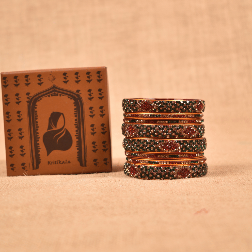 Set of eight bangles in green & maroon tones