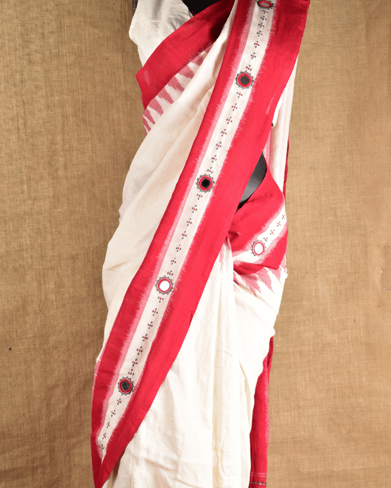 White Cotton Saree With Hand Embroidery - Pallu