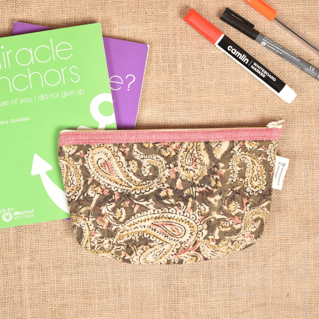 Green kalamkari cotton quilted pouch