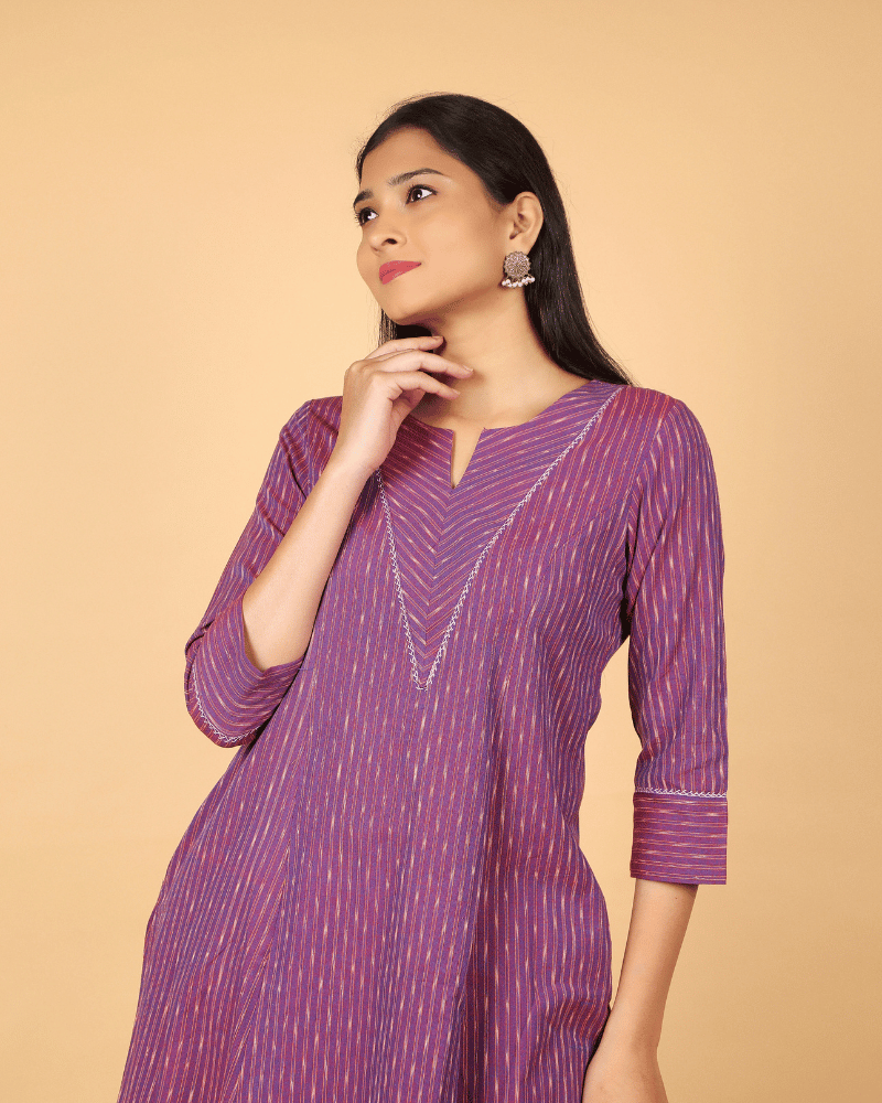 A line Purple Ikat Cotton Kurta with Pleated V Yoke - sleeves