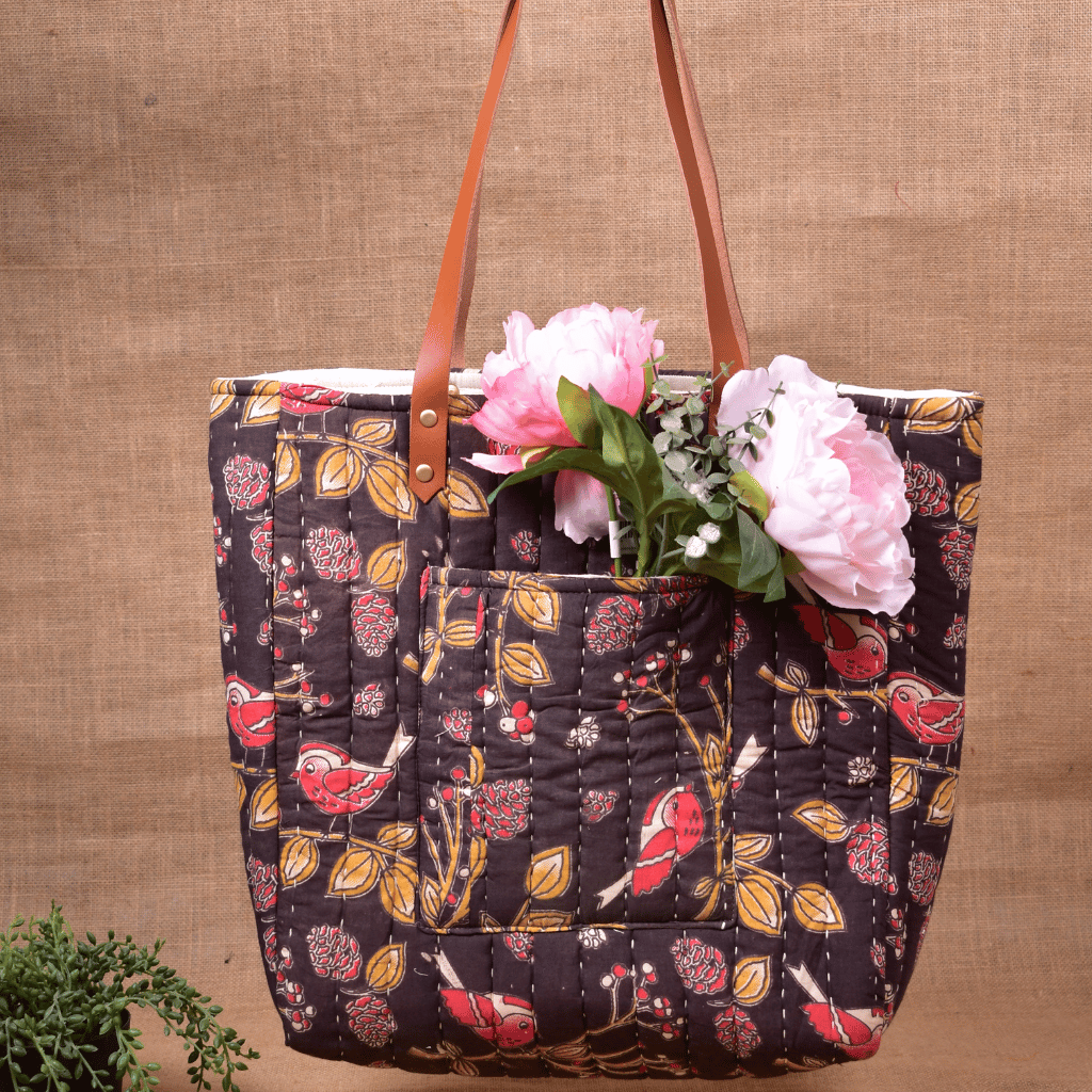 Black Tapti Hand Quilted Large Tote Bag - pocket