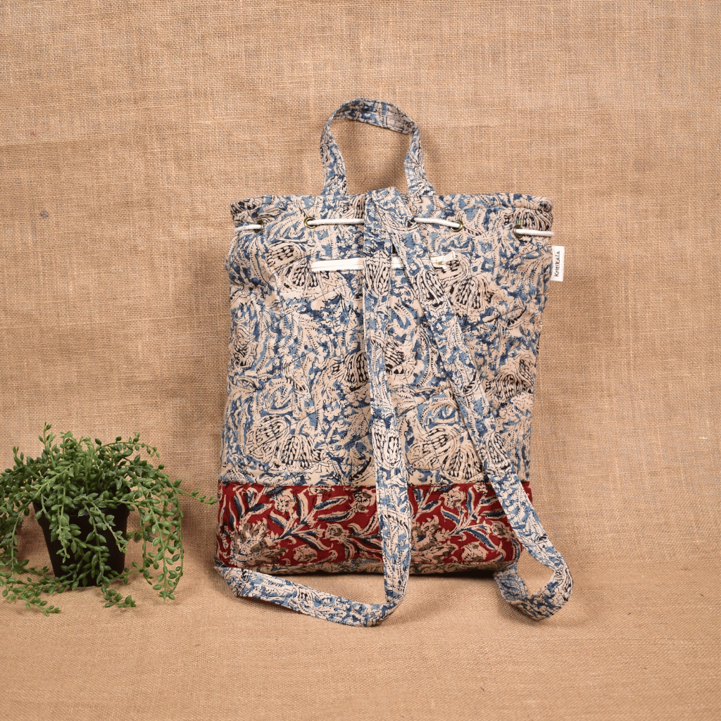 Quilted Blue Kalamkari Backpack Bag - back