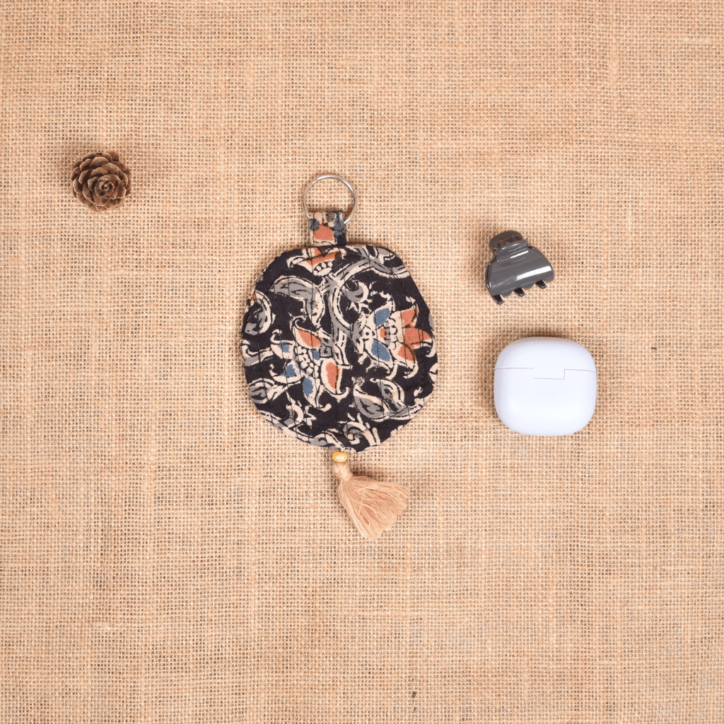 Black kalamkari Round Pouch – Lip Balm / Earbuds Holder