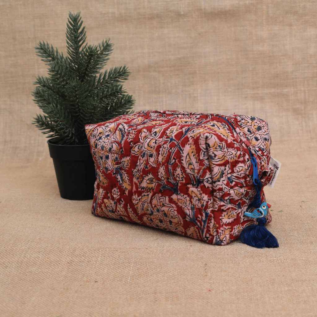 Red kalamkari travel cosmetic bag - side