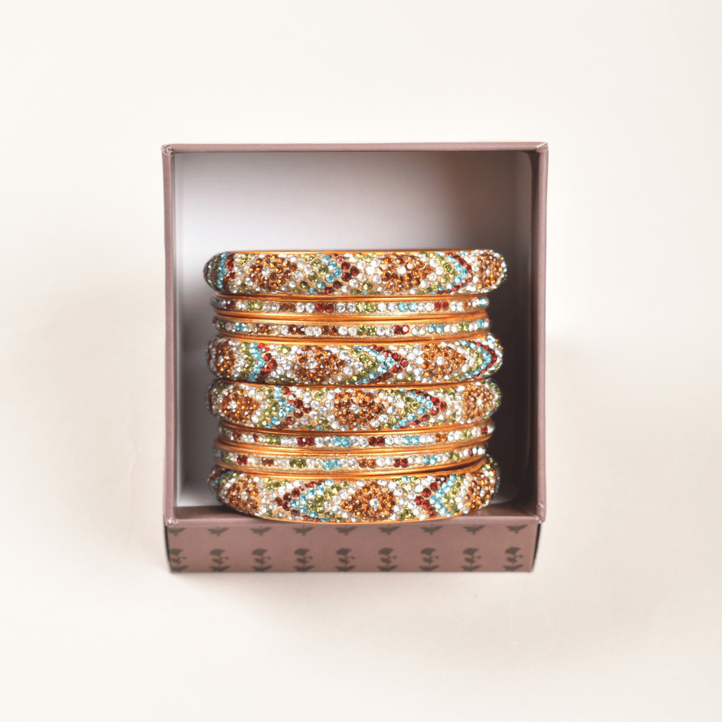 Set of lac bangles in orange & white stones - lac