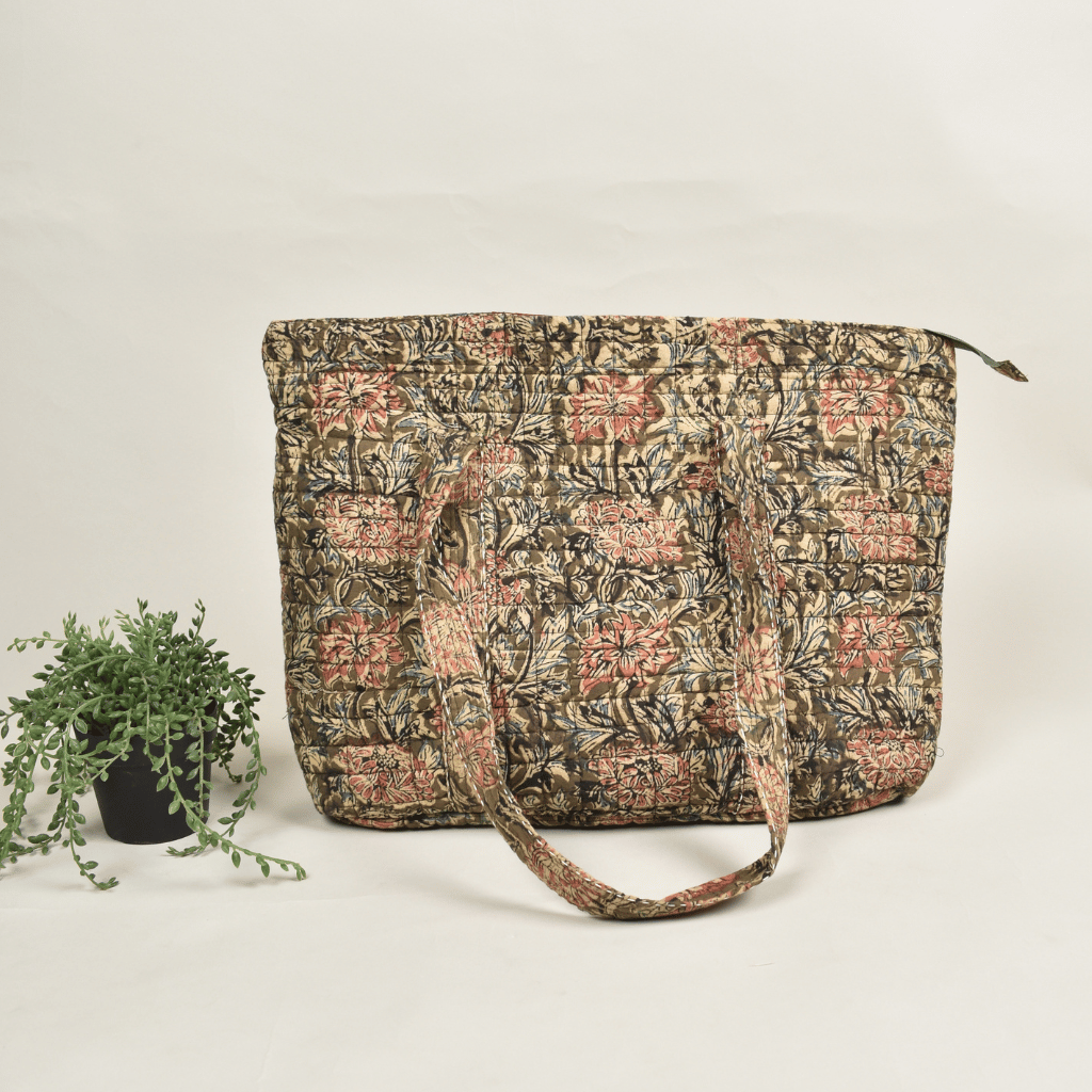 Quilted Green Kalamkari Large Tote Bag - back